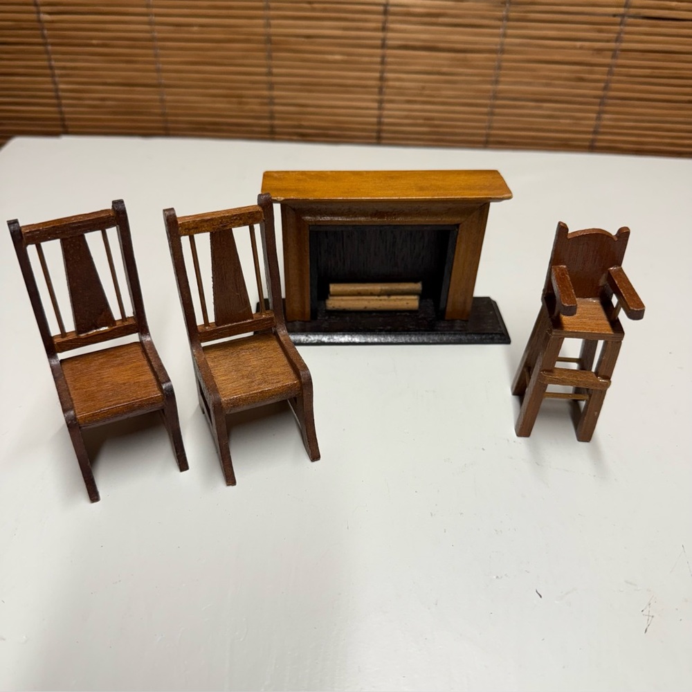 Vintage Wooden Dollhouse Furniture Miniature High Chair Fireplace Dining